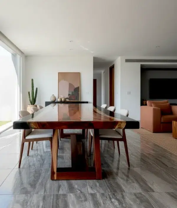 Mesa de madera maciza Tzalam con resina negra tipo río
